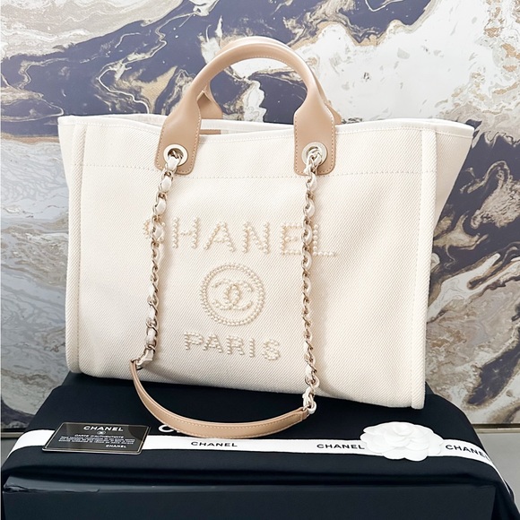 Handbag Chanel Canvas Tote Pearls Shopping Bag Chanel Deauville